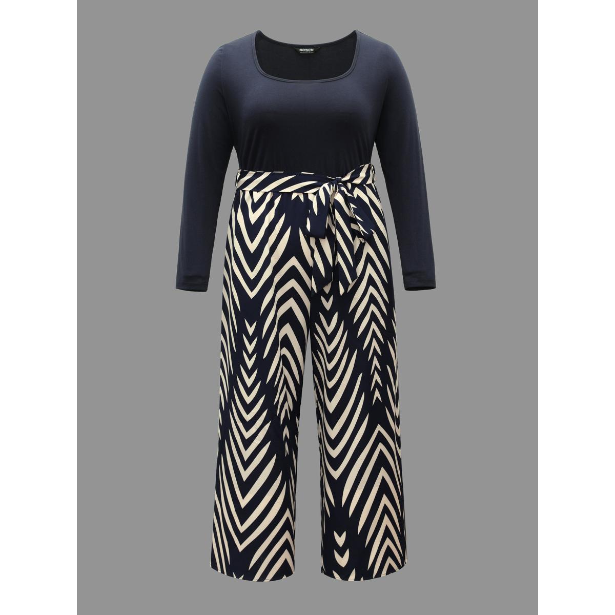 Plus Size DarkBlue Supersoft Geometric Block Stretchy-Waist Jumpsuit Women Elegant Long Sleeve Square Neck Everyday-Elegant Loose Jumpsuits BloomChic 28/5X Product Image