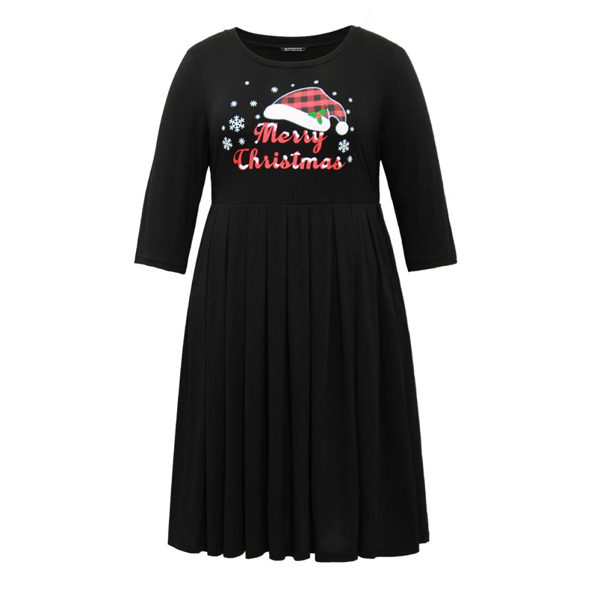 Plus Size Christmas Print Plicated Detail Elastic Waist Dress Black Women Casual Printed Curvy Midi Dress BloomChic 10/M Product Image