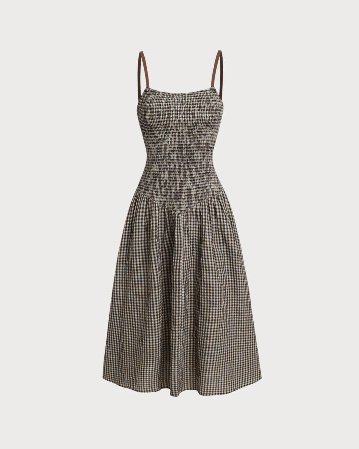 Brown Plaid Shirred Slip Midi Dress Product Image