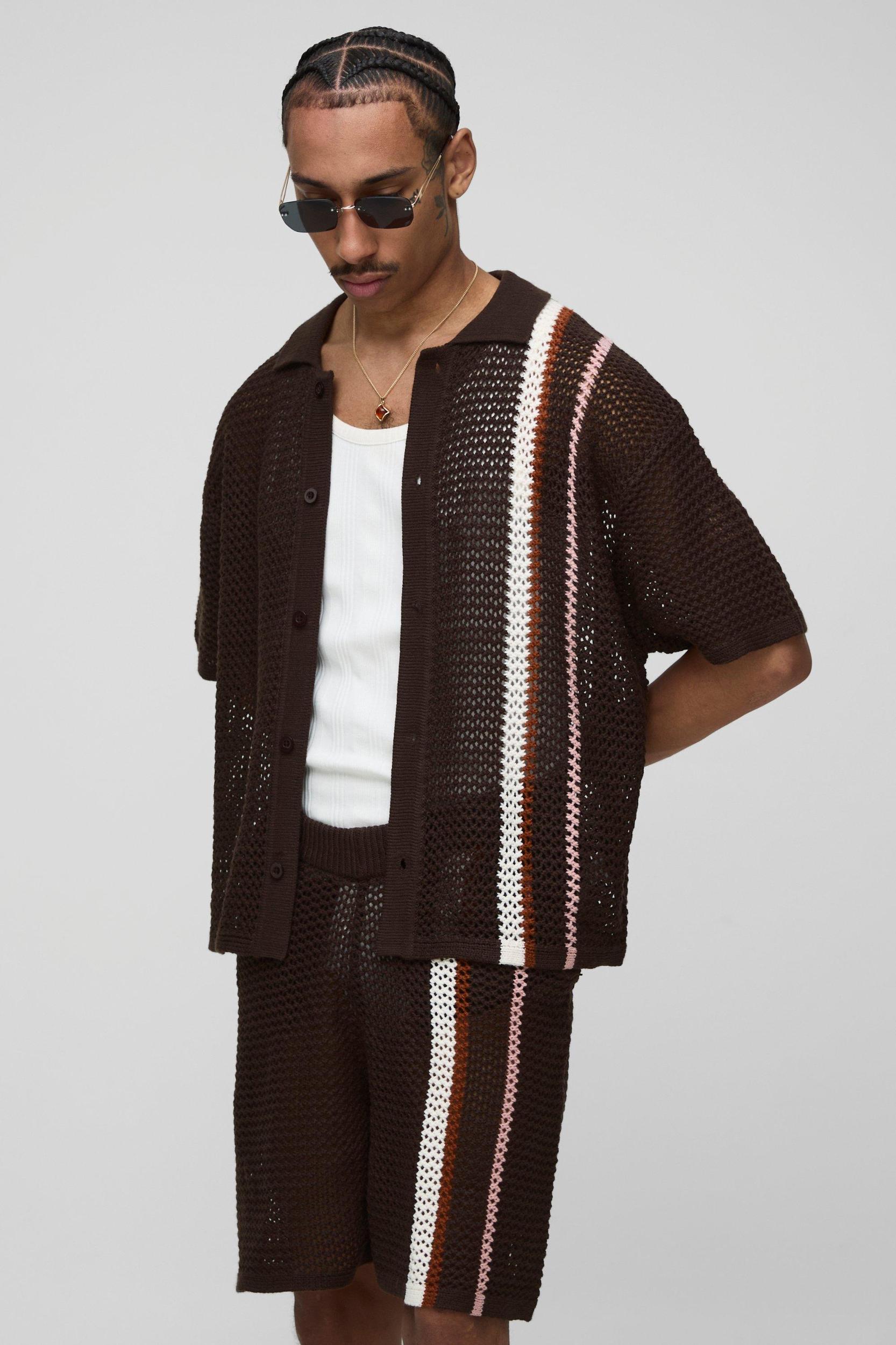 Boxy Fit Open Stitch Colour Block Stripe Knitted Shirt Set | boohooMAN USA Product Image