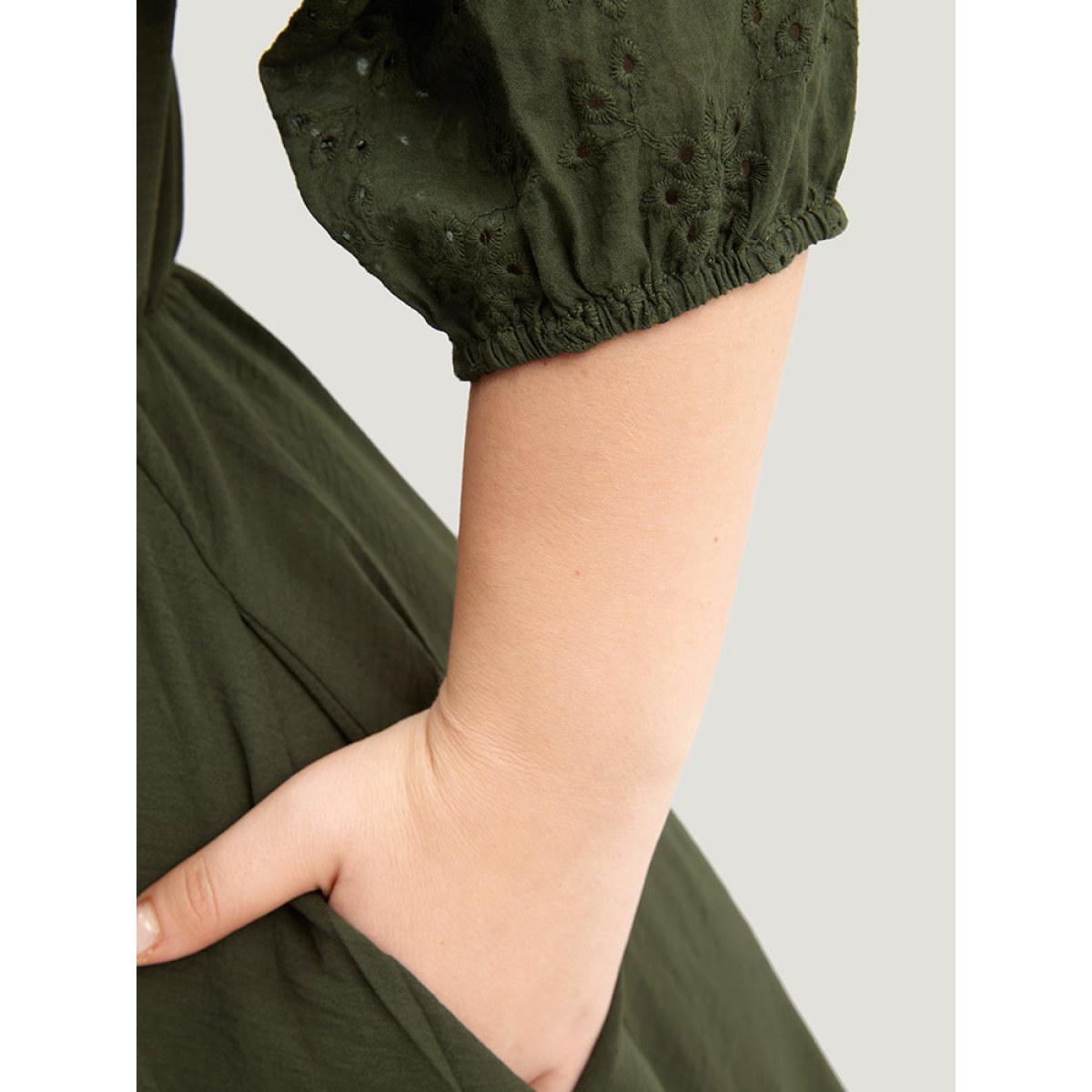 Plus Size Solid Notched Eyelet Patchwork Dress ArmyGreen Women Office Elastic cuffs Notched collar Elbow-length sleeve Curvy Midi Dress BloomChic 10/M Product Image