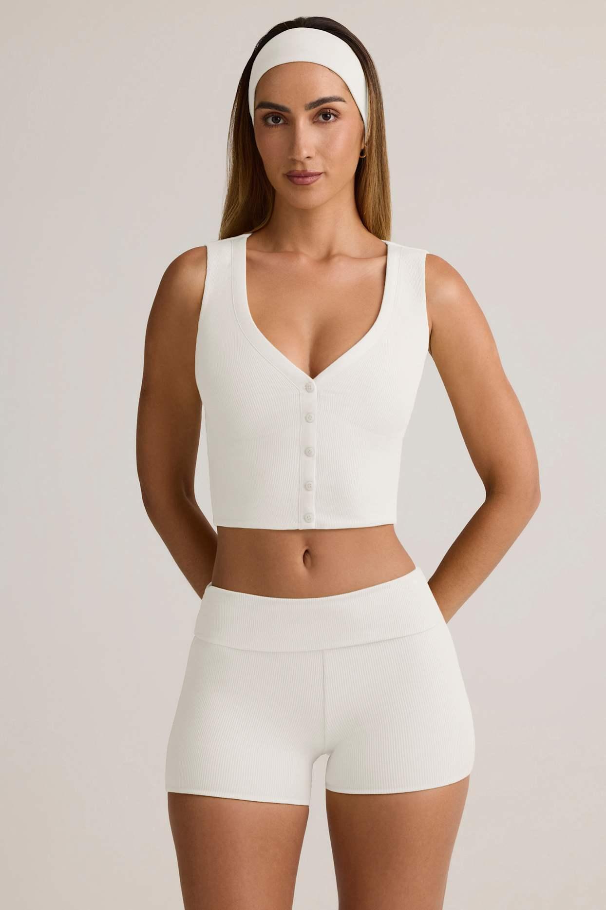 Modal Ribbed Mid-Rise Foldover Shorts in White Product Image