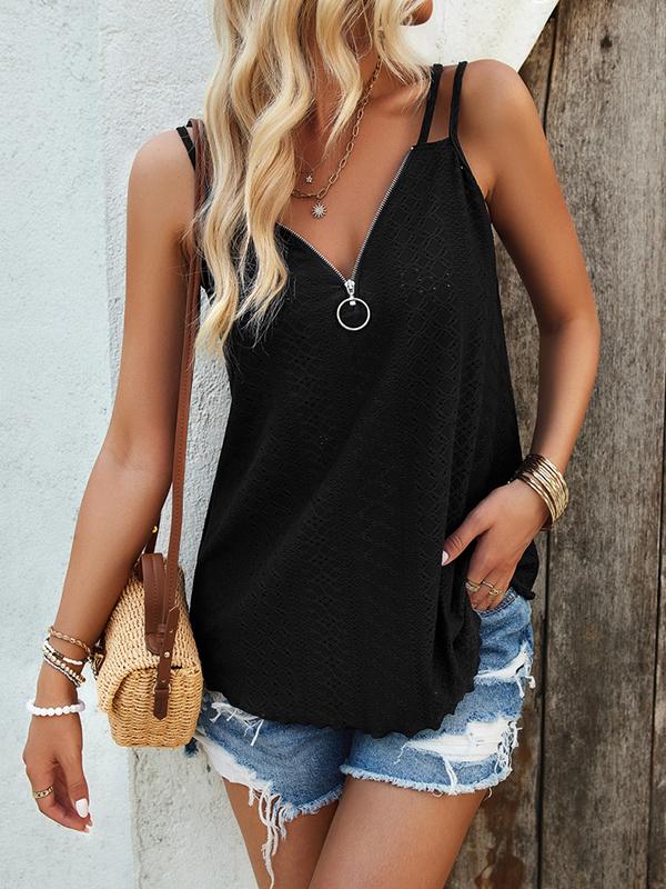 Loose Sleeveless Jacquard Solid Color Zipper Spaghetti-Neck Vest Top Product Image