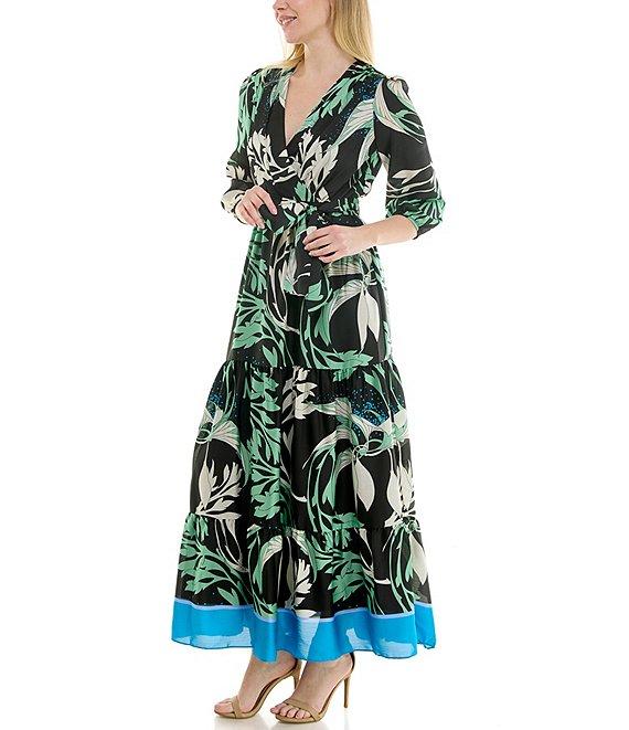 Moda Tara V-Neck 3/4 Sleeve Printed Faux Wrap Maxi Dress Product Image