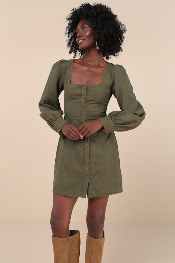 Posh Promise Olive Corduroy Long Sleeve Button-Up Mini Dress Product Image