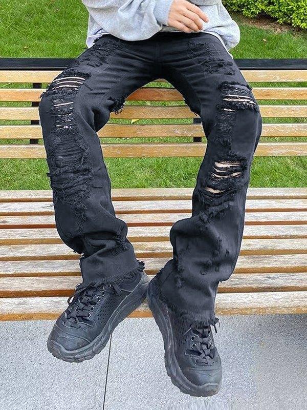 Men's Back Embroidered Distressed Straight Leg Jeans Product Image