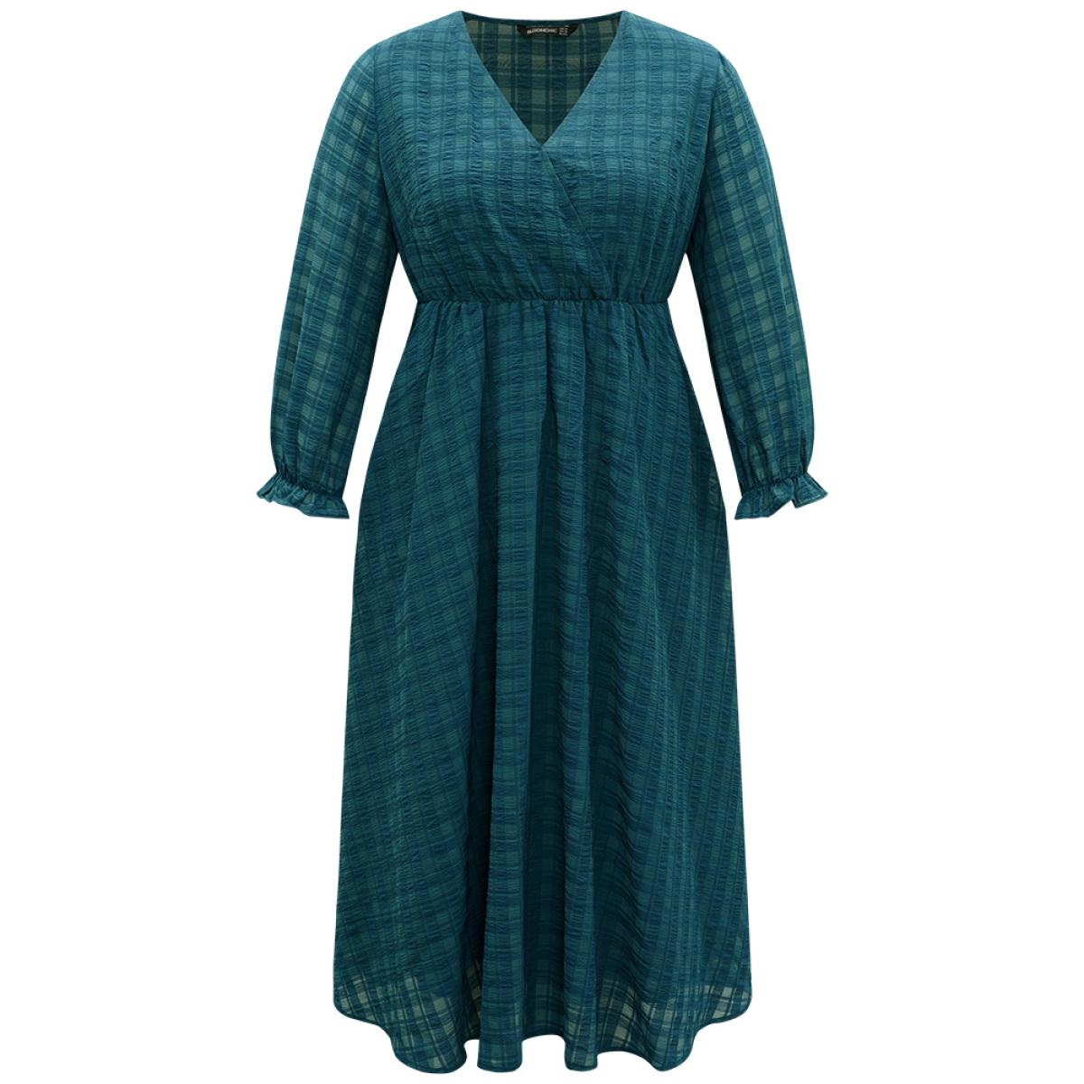 Plus Size Plaid Wrap Elastic Waist Gathered Ruffles Dress Cyan Women Casual Plain V-neck Long Sleeve Curvy Midi Dress BloomChic 10/M Product Image