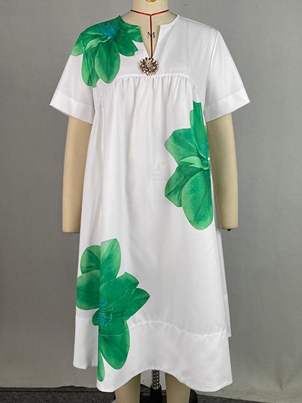 A-Line Loose Flower Print Pleated V-Neck Midi Dresses Product Image