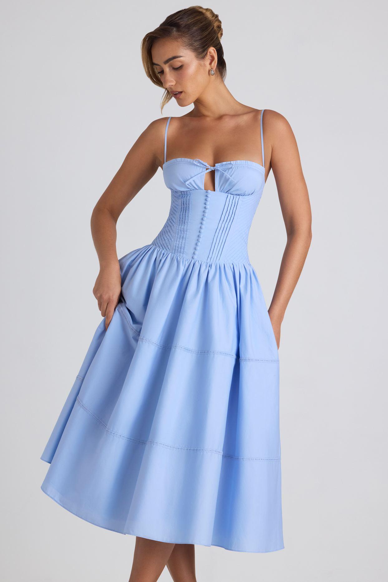 Lace-Trim Pintucked Poplin Midaxi Dress in Sky Blue Product Image