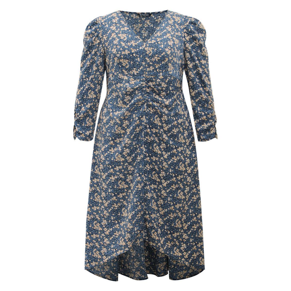 Plus Size Ditsy Floral Ruched Puff Sleeve Dress Aegean Women Elegant Printed V-neck Elbow-length sleeve Curvy Midi Dress BloomChic 28/5X Product Image