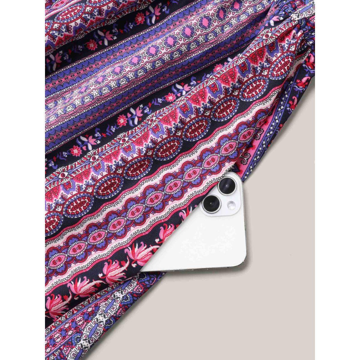 Plus Size Boho Print Stretchy Waist Pockets Midi Dress Deeppurplered Women Boho Tiered V-neck Sleeveless Curvy BloomChic 14-16/1X Product Image