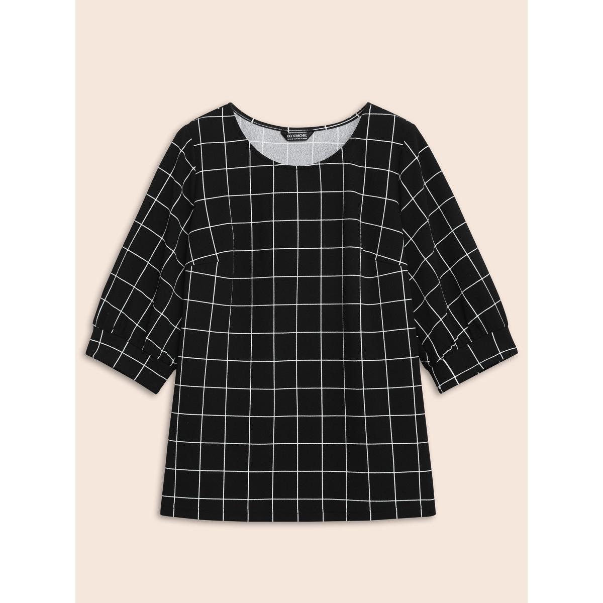 Plus Size Plaid Round Neck Lantern Sleeve T-shirt Black Women At the Office Printed Plaid Round Neck Office T-shirts BloomChic 22-24/3X Product Image