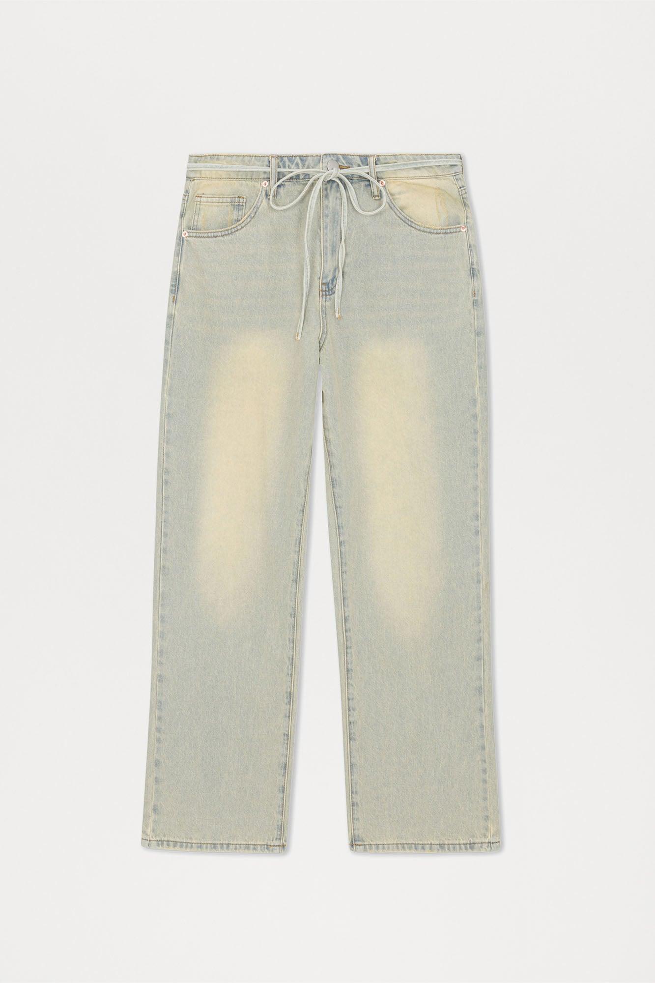 Drawstring Belt Straight Jeans - Vintage Blue Wash Product Image