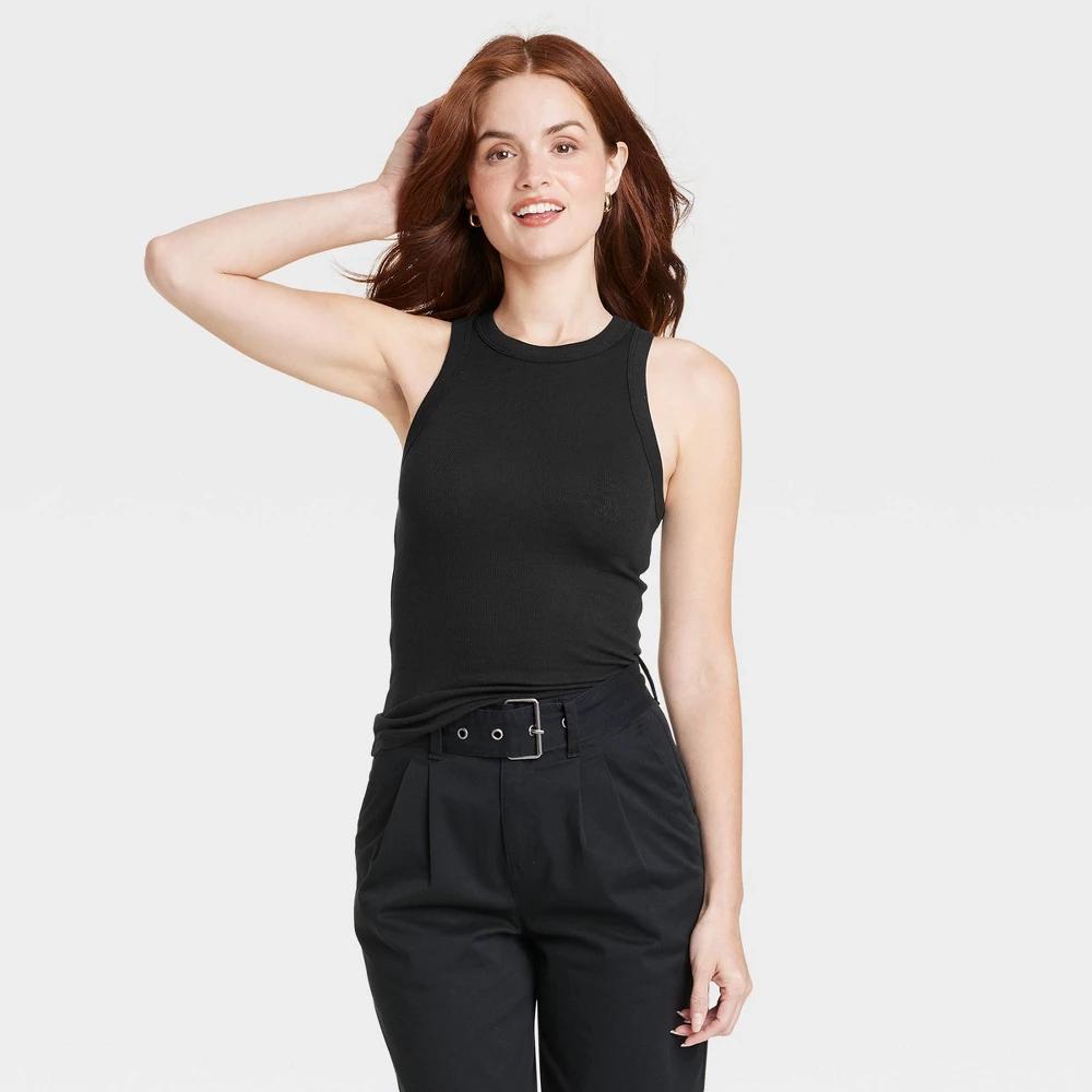 Women's Slim Fit Ribbed Tank Top - A New Day™ Black M: Crew Neck, Sleeveless, Pullover, Knit Fabric Product Image