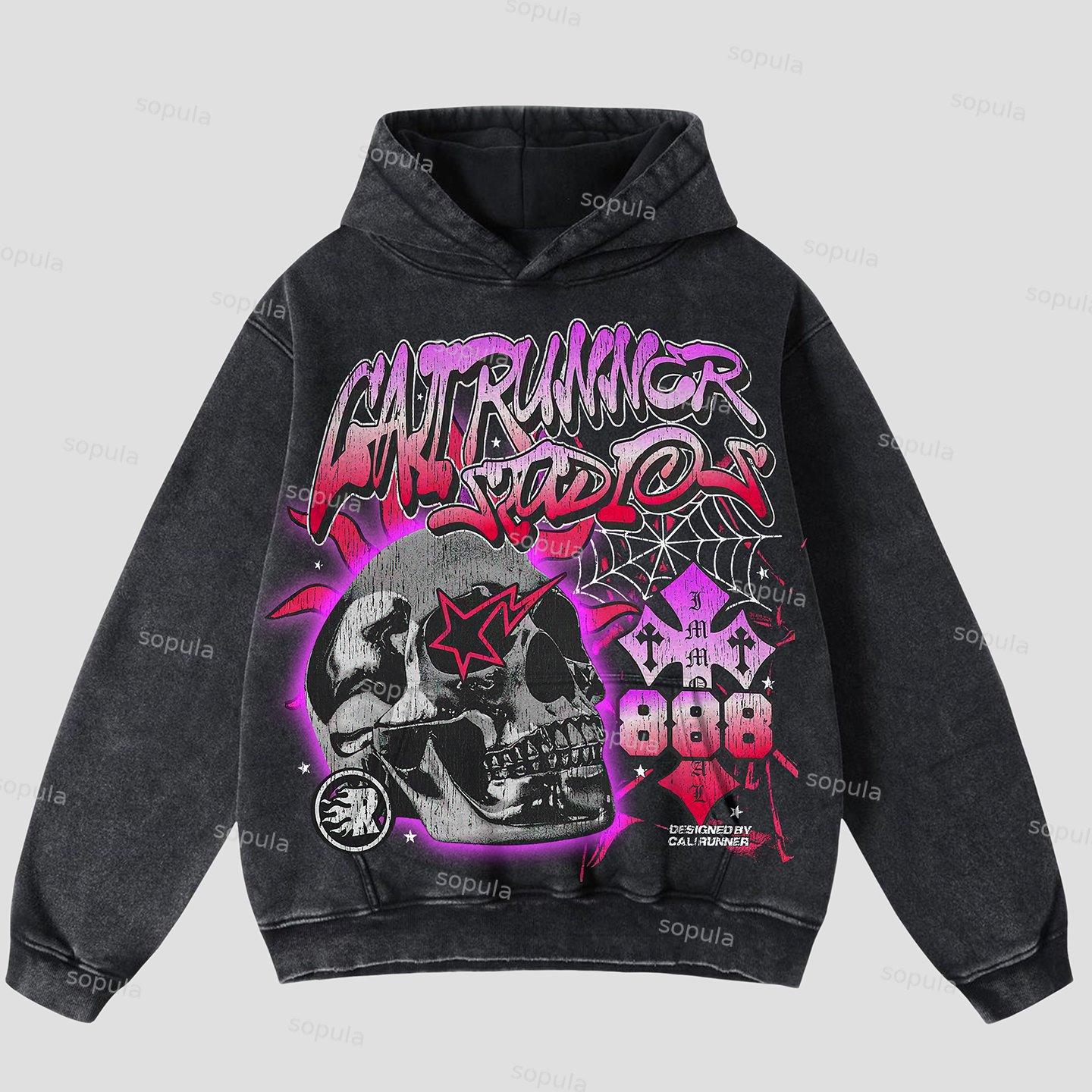 Vintage Flame Abstract Skull Graphic Acid Wash Oversized Hoodie Product Image