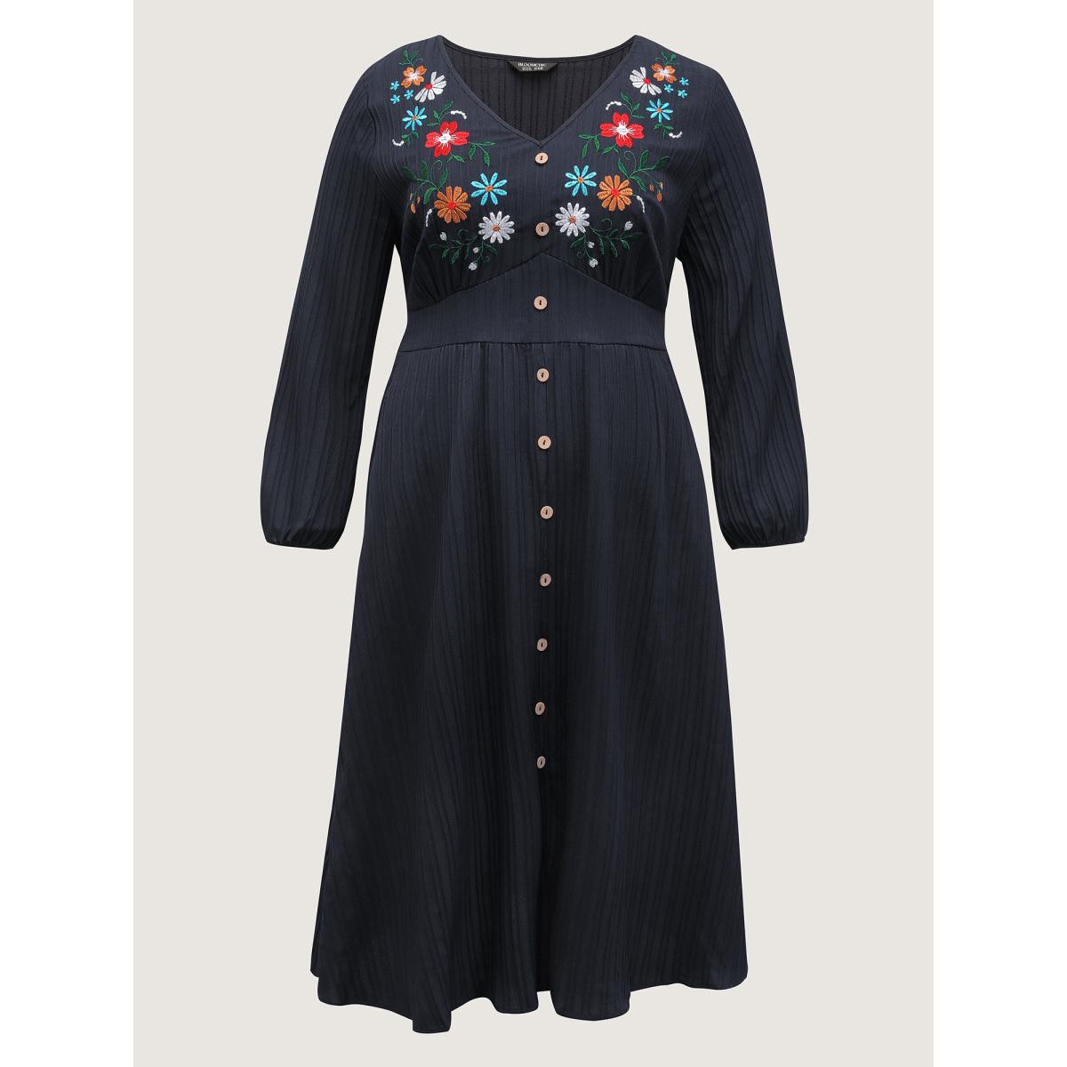 Plus Size Floral Embroidered Cinched-Waist Midi Dress Indigo Women Boho Texture V-neck Extra Long Sleeve Curvy BloomChic 22-24/3X Product Image