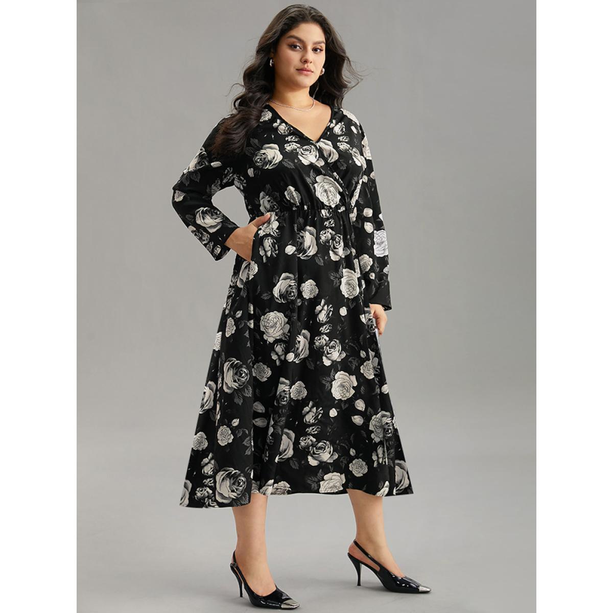 Plus Size Floral Print Pocket Elastic Waist Wrap Dress Black Women At the Office Wrap Overlap Collar Long Sleeve Curvy Midi Dress BloomChic 12/L Product Image