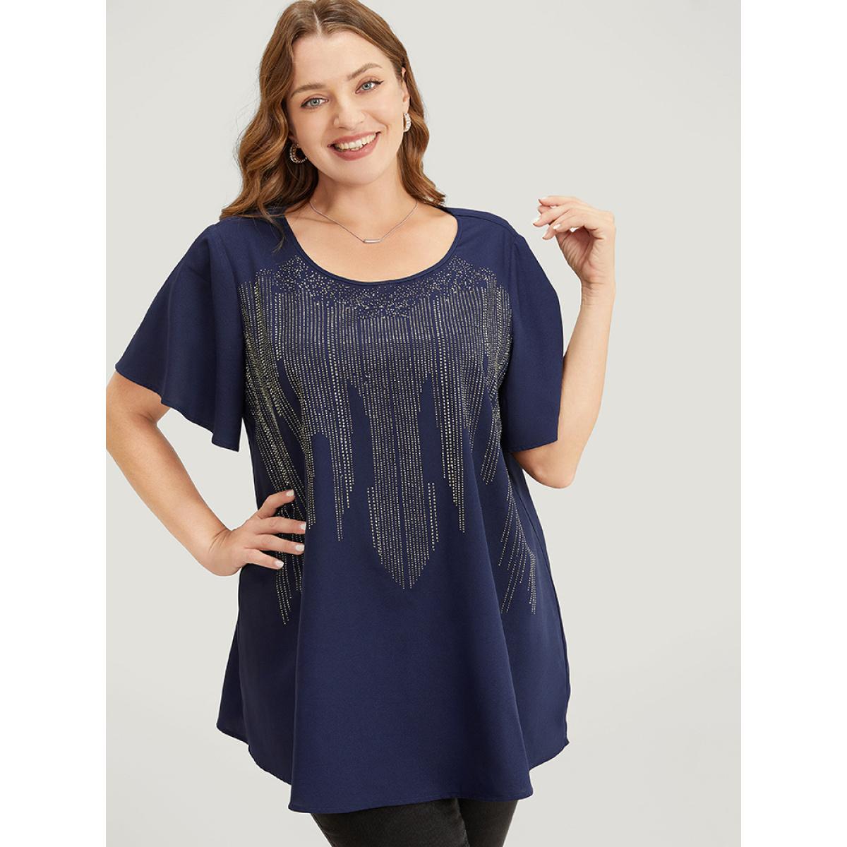 Plus Size Aegean Plain Rhinestones Detail Ruffles Sleeve Blouse Women Party Short sleeve Round Neck Dailywear Blouses BloomChic 26/4X Product Image