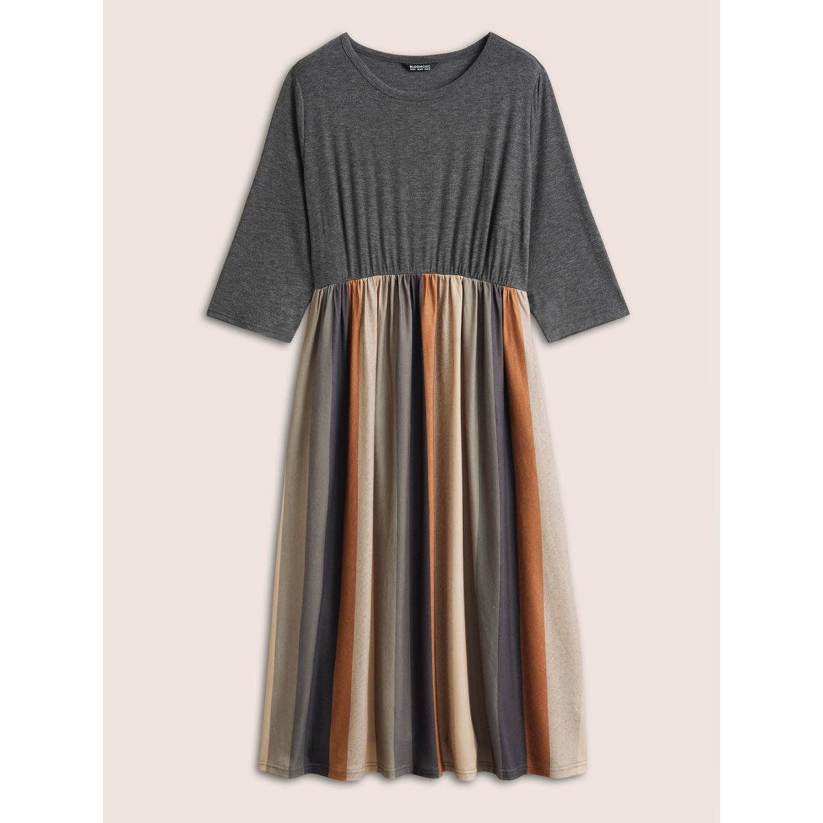 Plus Size Solid Patchwork Pocket Striped Flutter Hem Dress DimGray Women Leisure Non Round Neck Elbow-length sleeve Curvy Midi Dress BloomChic 10/M Product Image