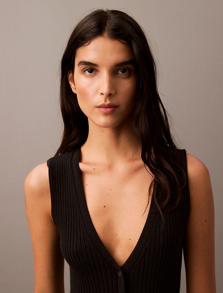 Smooth Cotton Rib Sweater Midi V-Neck Dress Product Image