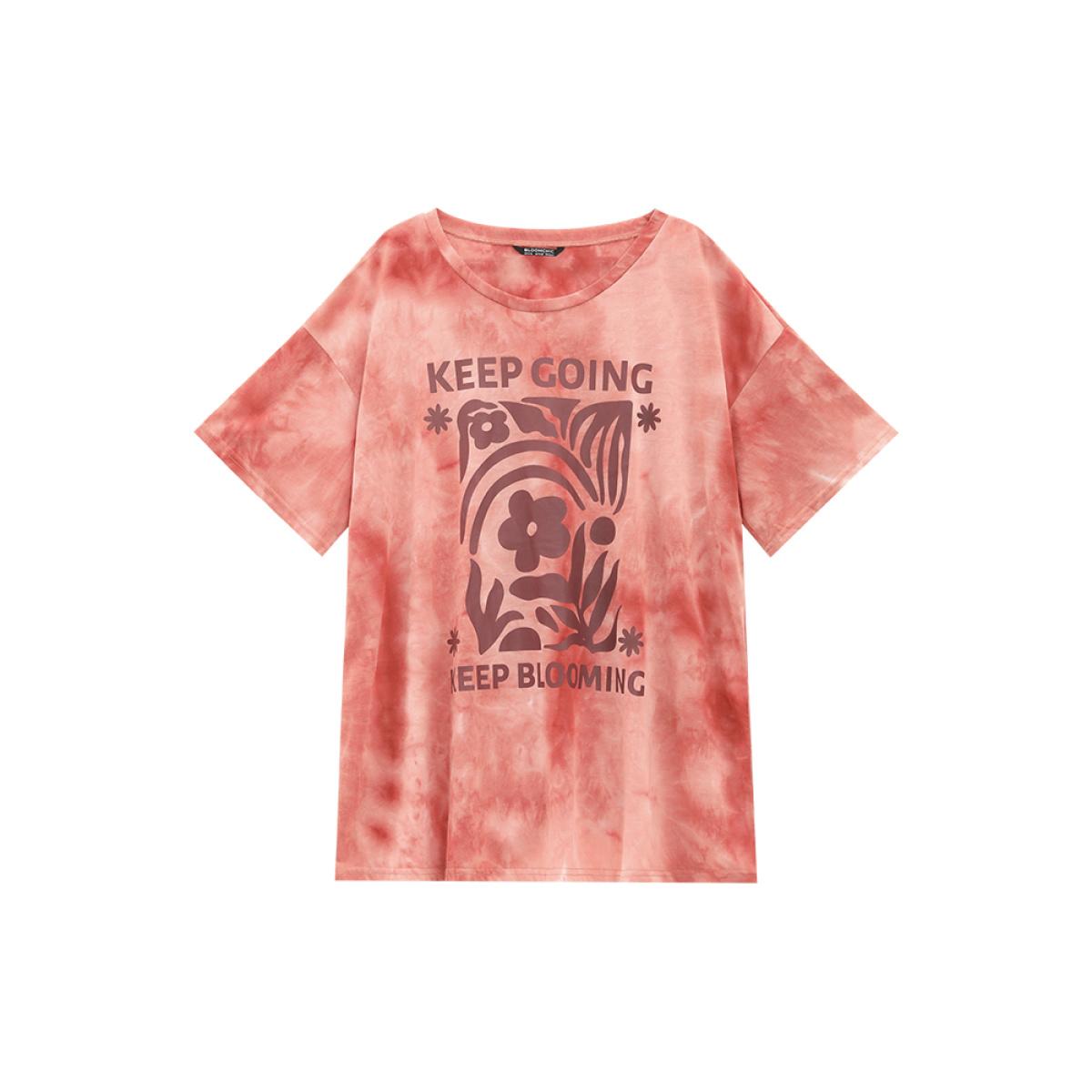 Plus Size Slogan & Floral Crew Neck Short Sleeve Tie Dye T-shirt Coral Women Casual Printed Natural Flowers Dailywear T-shirts BloomChic 12/L Product Image