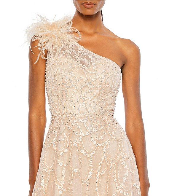 Mac Duggal Embellished Asymmetrical Neck Sleeveless Feather Shoulder A-Line Gown Product Image