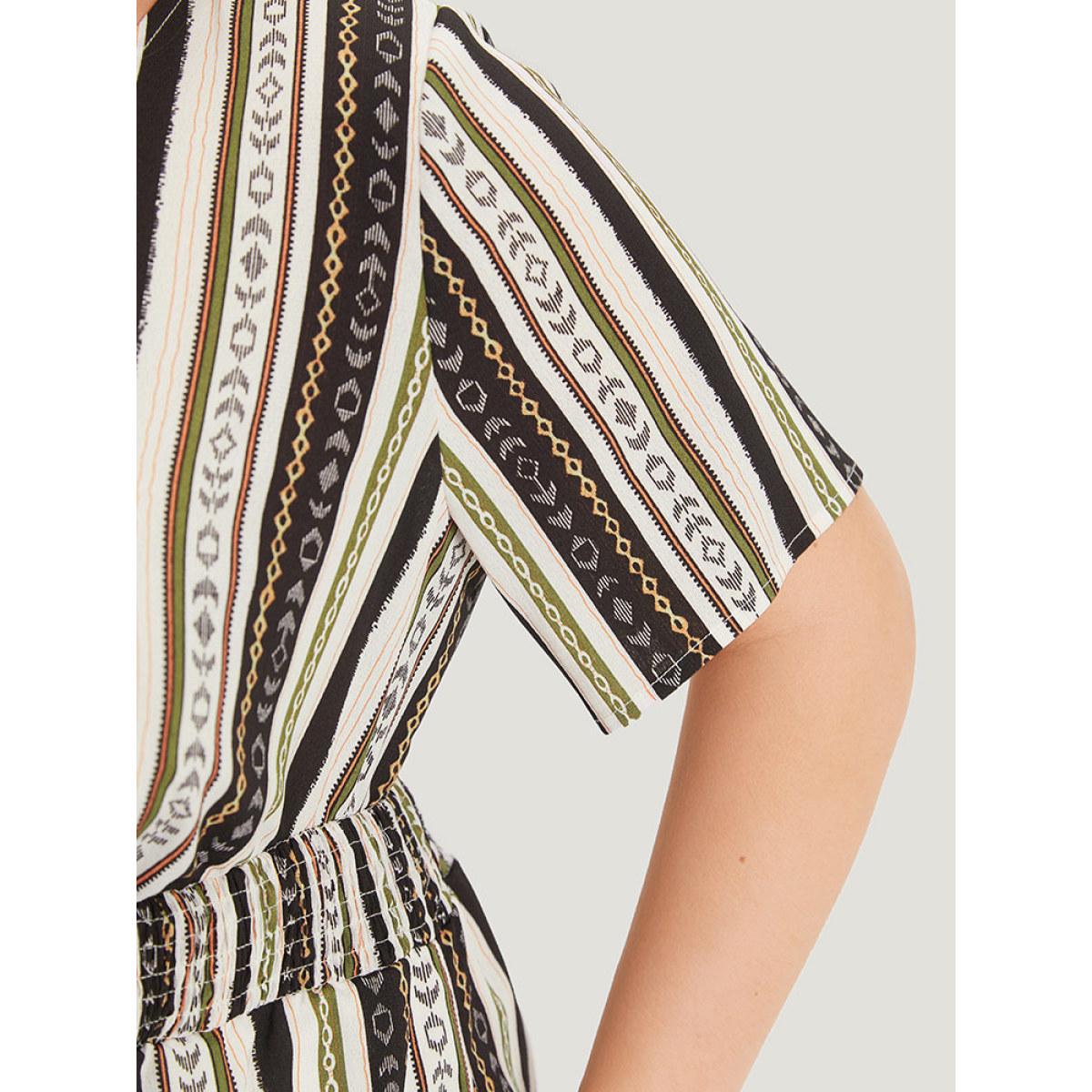 Plus Size Multicolor Boho Print Shirred Cut Out Tassel Trim Romper Women Elegant Short sleeve V-neck Dailywear Loose Jumpsuits BloomChic 30/6X Product Image