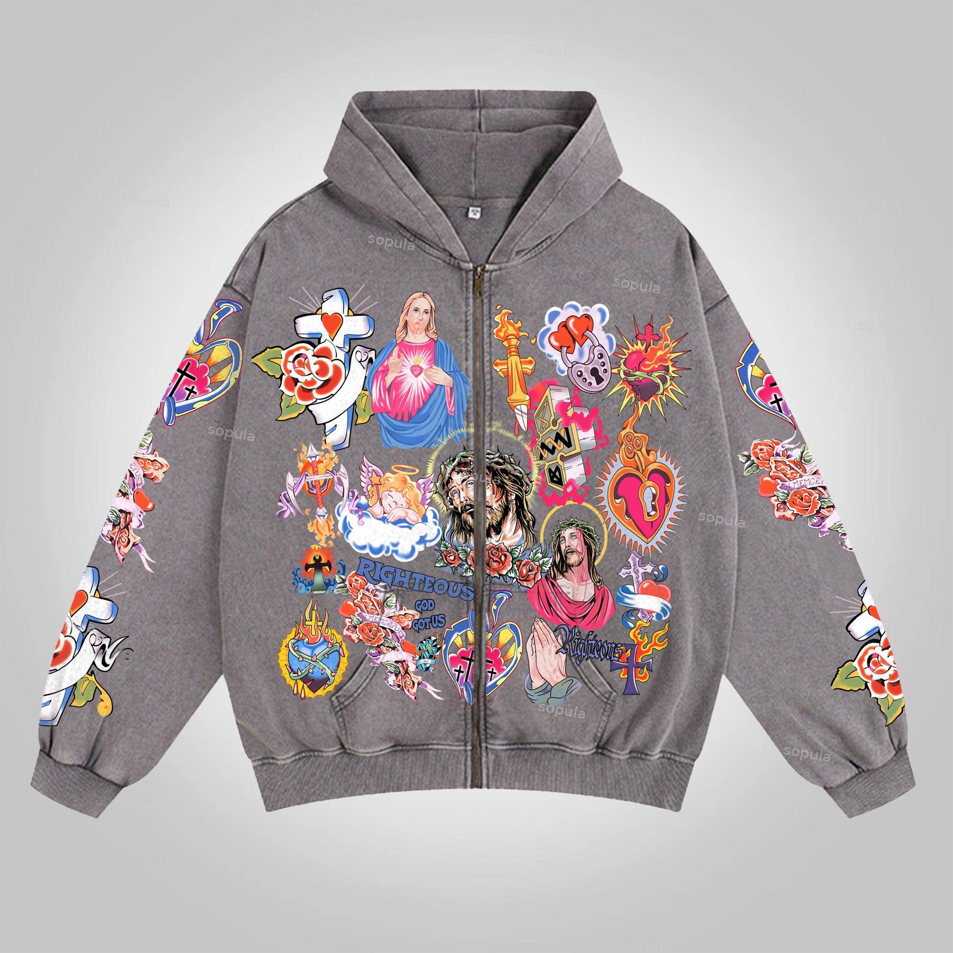 Sopula Streetwear Risen King Graphic Jesus Washed Zip-Up Hoodie Product Image