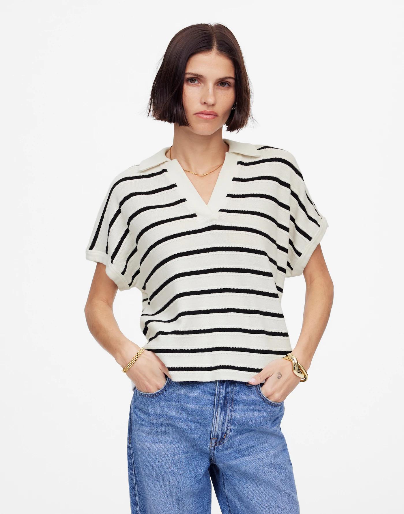 Relaxed V-Neck Polo Shirt in Stripe Product Image