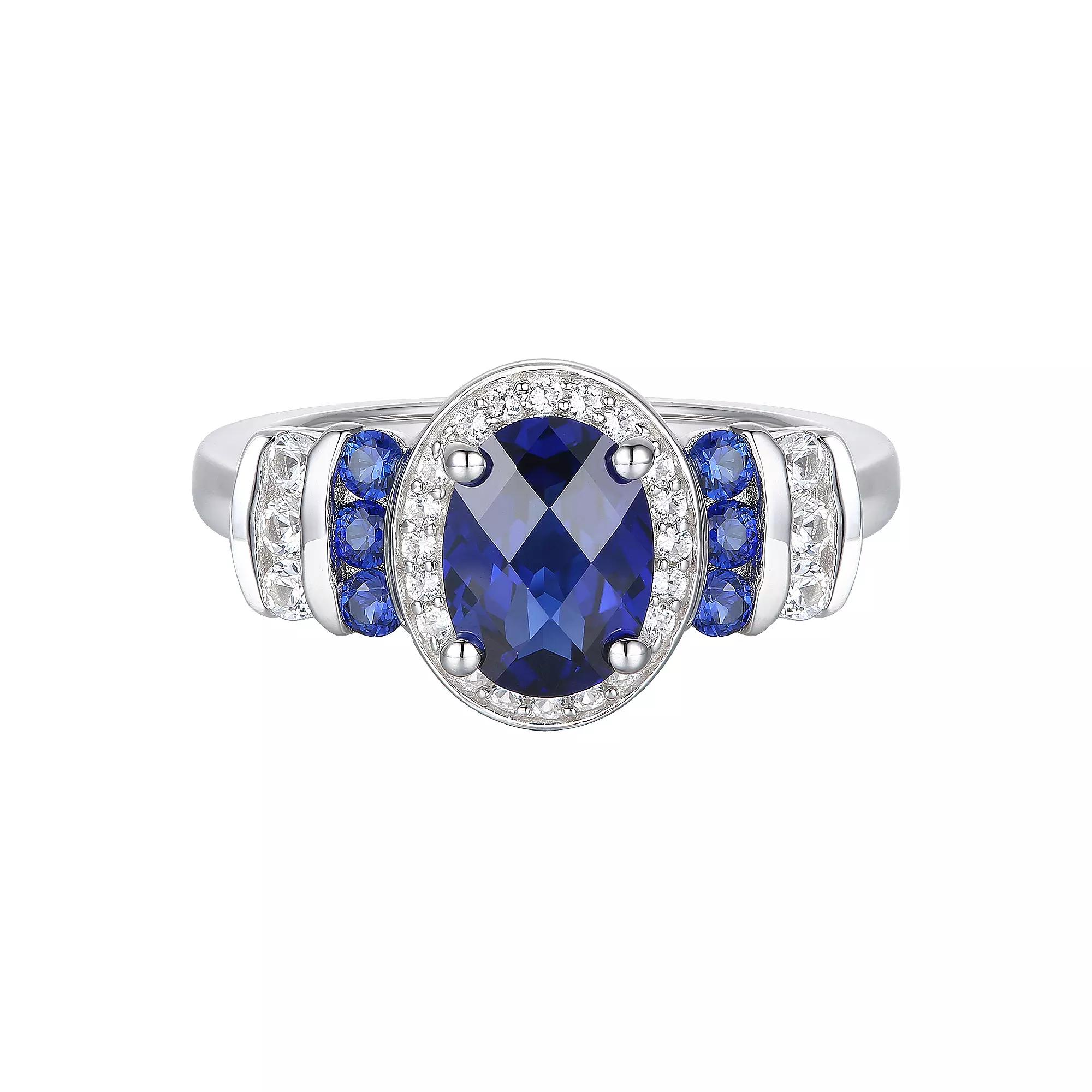 Sterling Silver Lab-Created Blue & White Sapphire Oval Halo Ring, Women's, Size: 7 Product Image