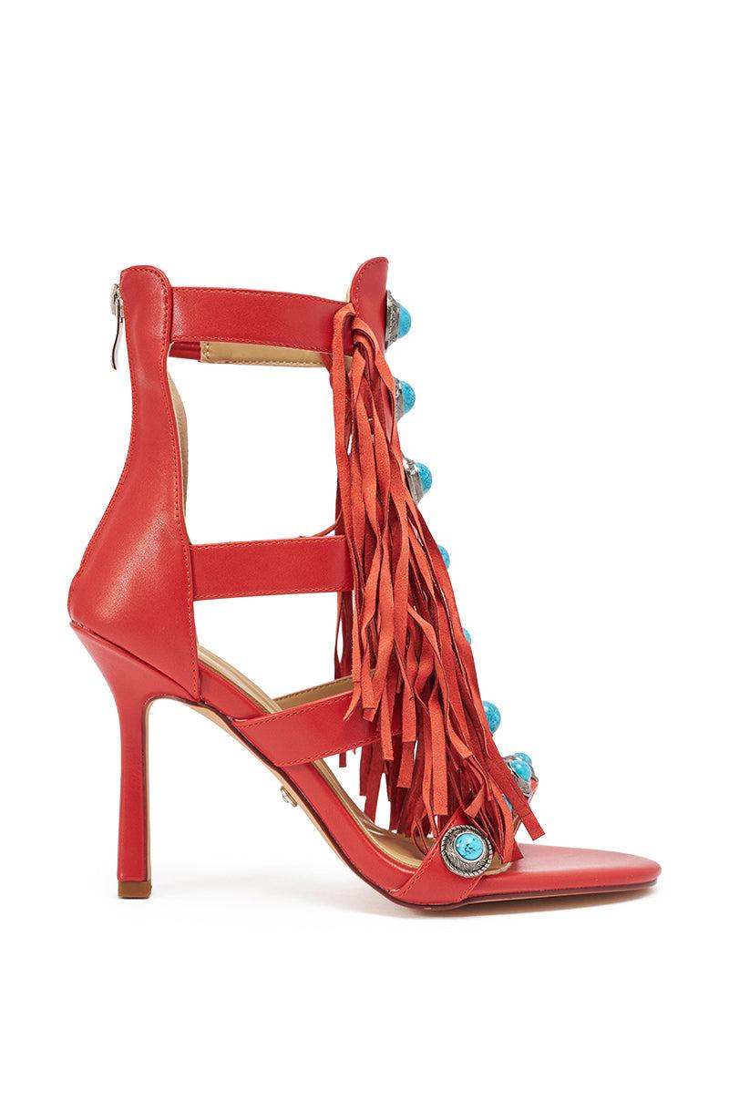 AZALEA WANG SUMAC RED FRINGE WESTERN STILETTO SANDAL Product Image