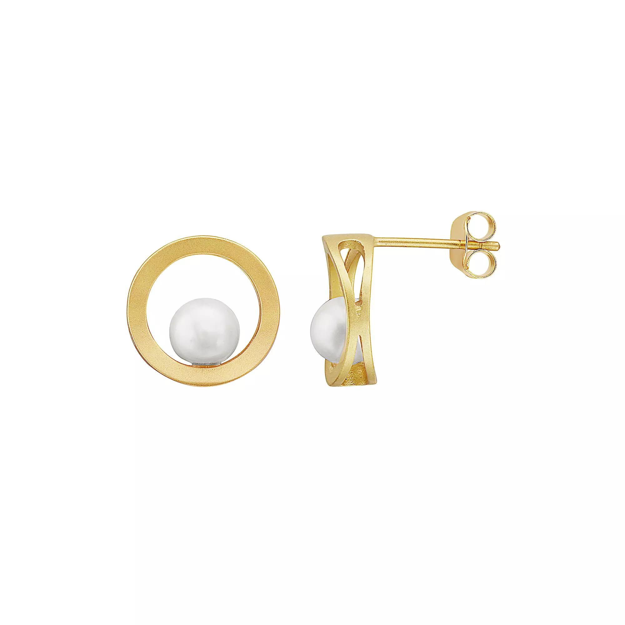 14k Gold Over Sterling Silver Freshwater Cultured Pearl Round Stud Earrings, Womens, Gold Tone Product Image