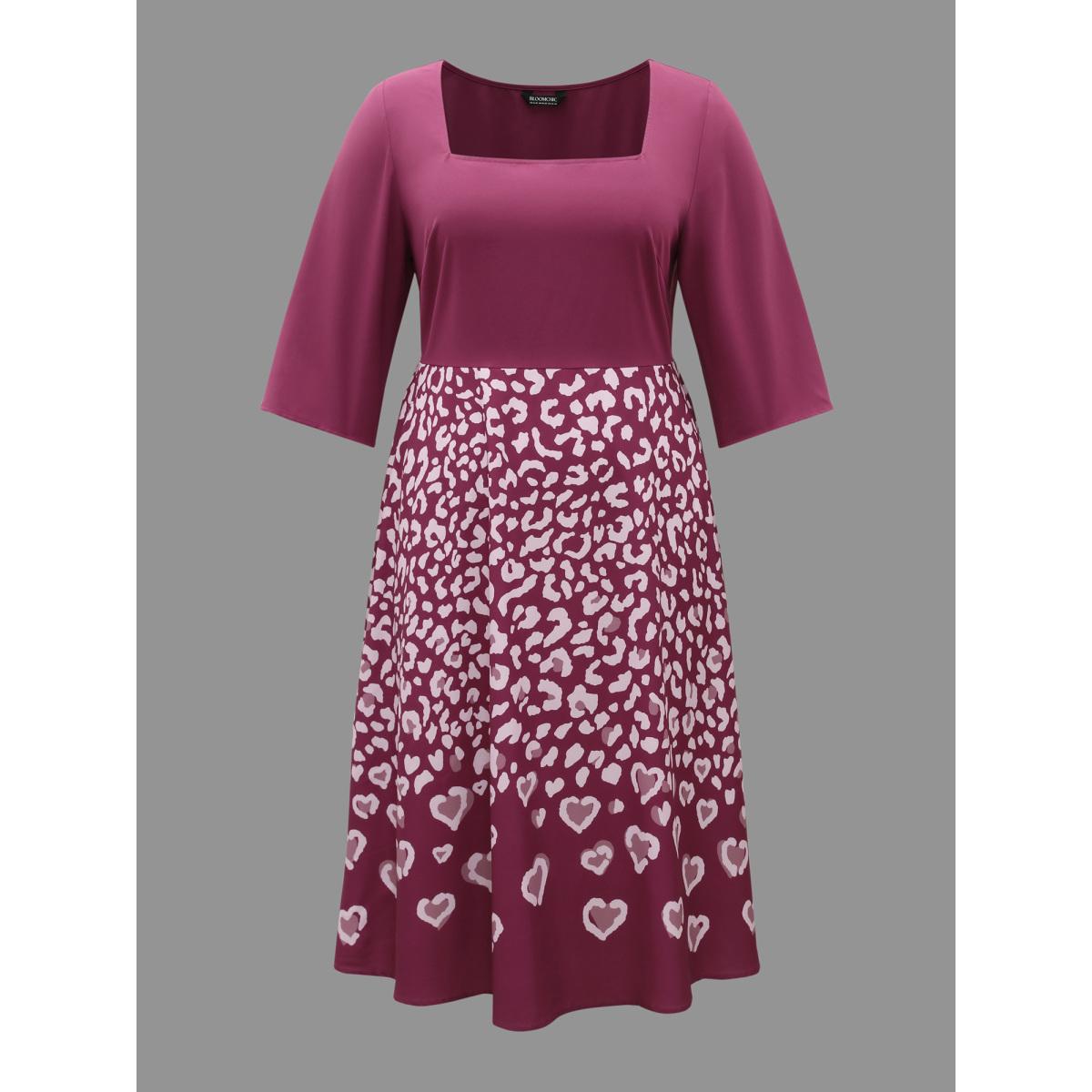 Plus Size Square Neck Contrast Boho Print Midi Dress Deeppurplered Women Elegant Patchwork Square Neck Elbow-length sleeve Curvy BloomChic 22-24/3X Product Image