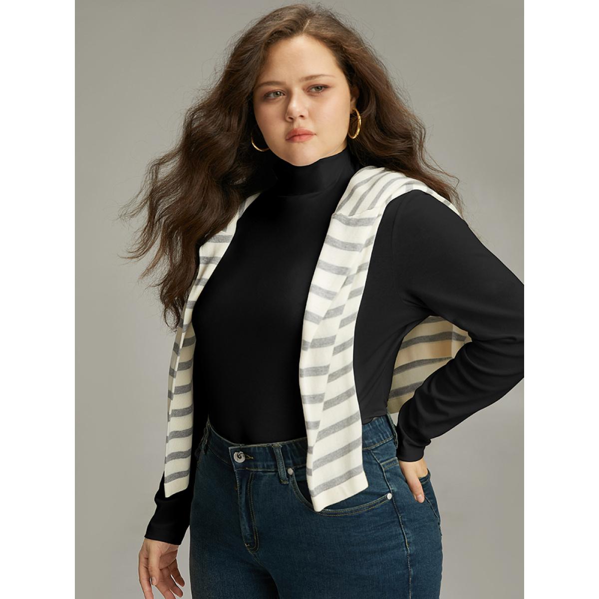 Plus Size Cotton Solid Mock Neck T-shirt Black Women Casual Plain Plain Mock Neck Dailywear T-shirts BloomChic 26/4X Product Image