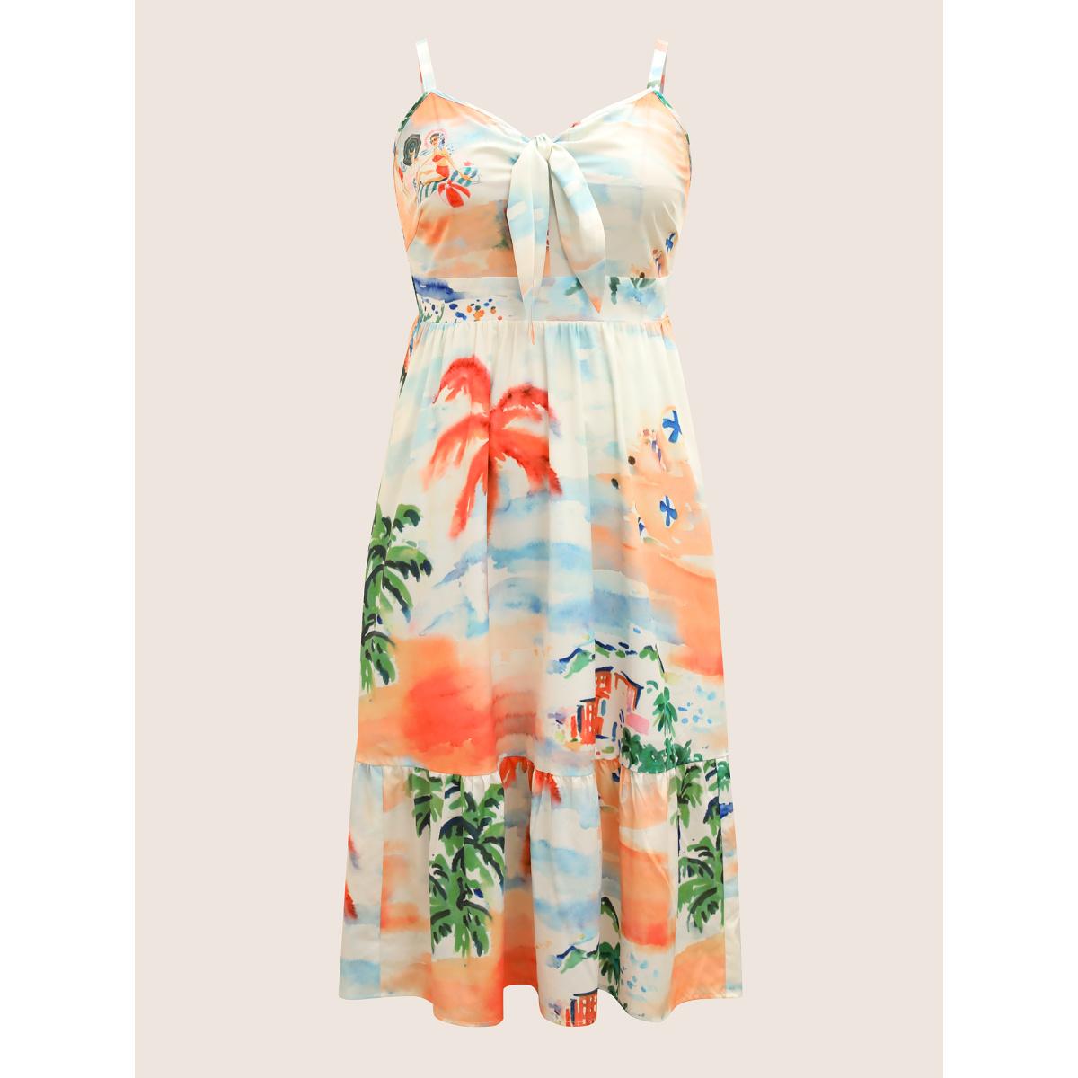 Plus Size V Neck Tropical Print Tie Knot Midi Dress LightBlue Women Resort Tie knot V-neck Sleeveless Curvy BloomChic 18-20/2X Product Image