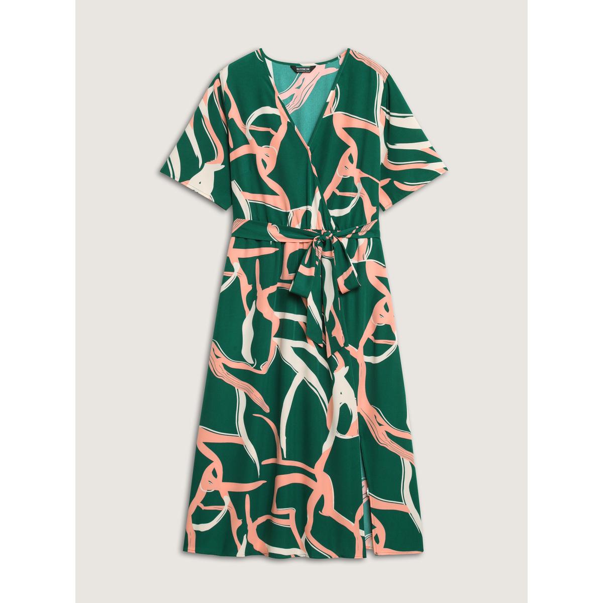 Plus Size Abstract Belted Side Slit Surplice Midi Dress Emerald Women Overlap Collar Short sleeve Curvy BloomChic 26/4X Product Image