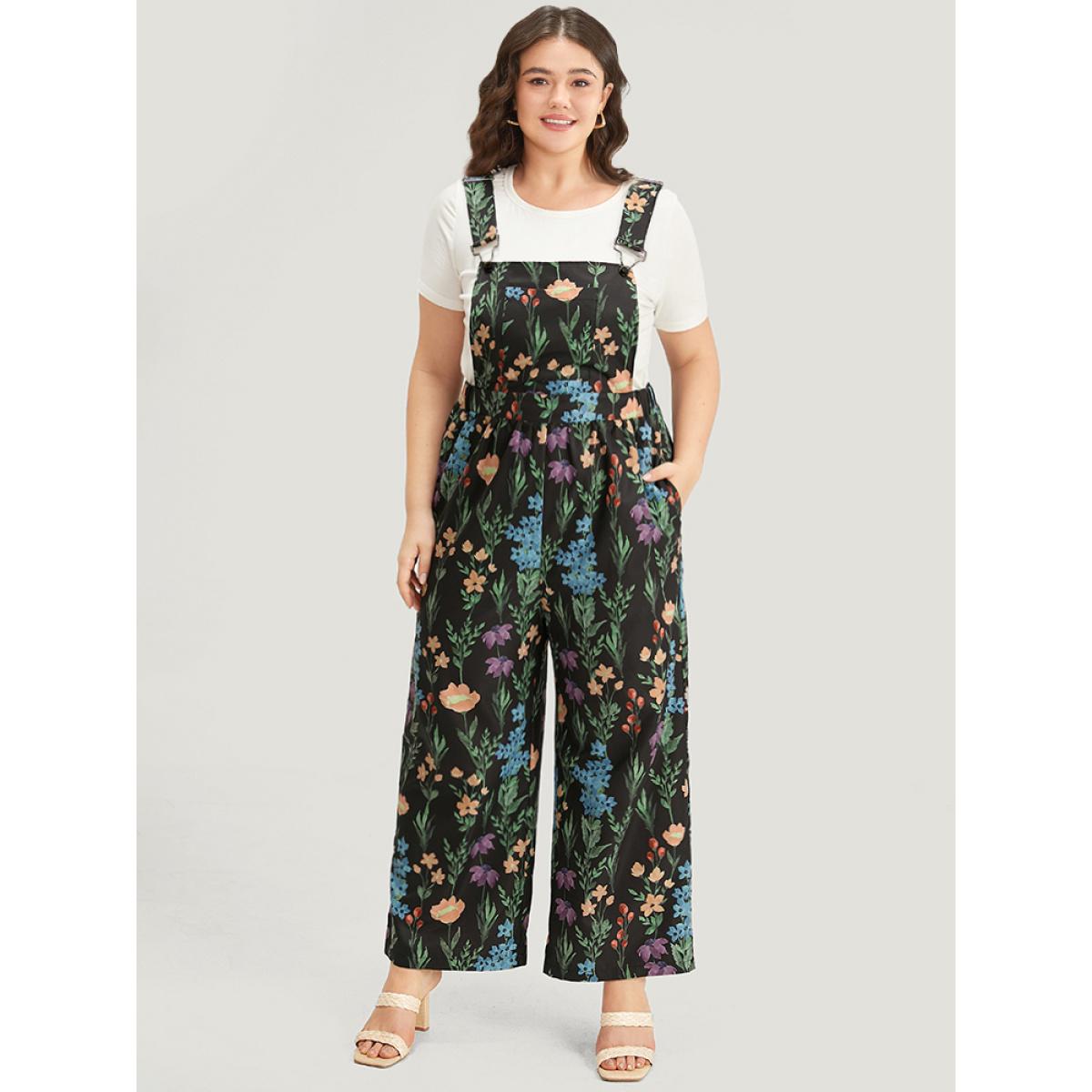 Plus Size Navy Floral Pocket Adjustable Straps Gathered Jumpsuit Women Elegant Sleeveless Spaghetti Strap Dailywear Loose Jumpsuits BloomChic 22-24/3X Product Image