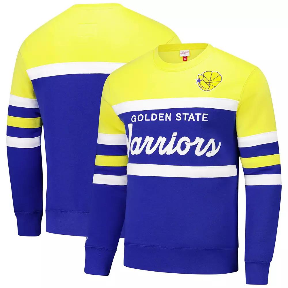 Men's Mitchell & Ness Royal/Gold Golden State Warriors Hardwood Classics Vintage Logo Head Coach Pullover Sweatshirt, Size: 3XL, Blue Product Image