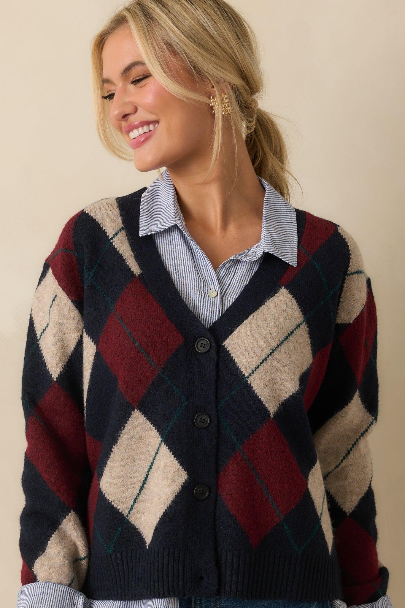 Never Beyond Reach Navy Argyle Button Up Cardigan L / Navy Product Image