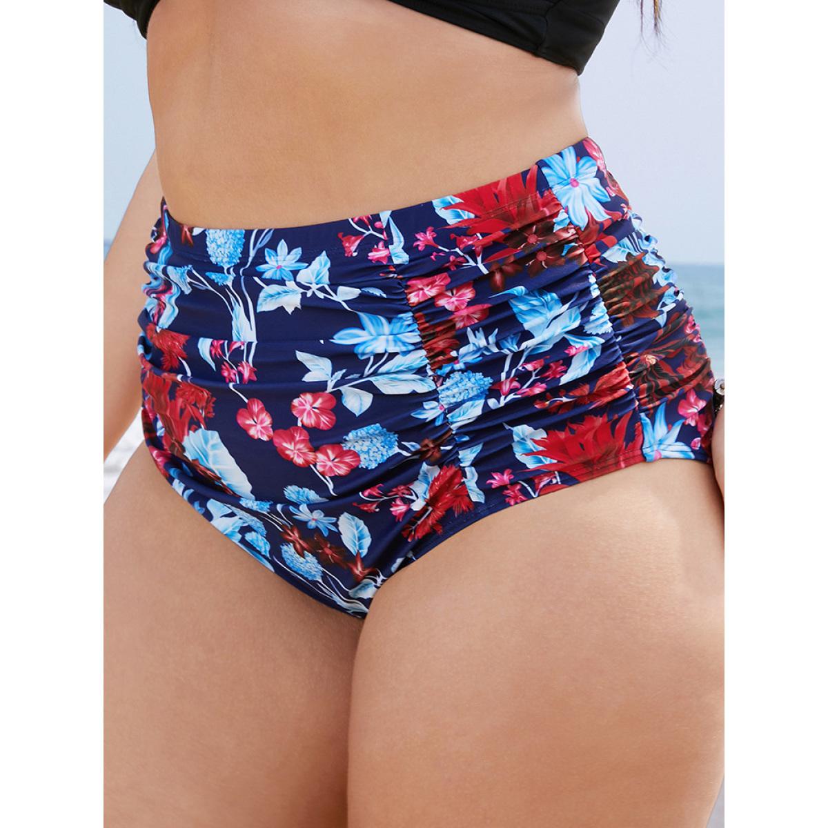 Plus Size Tropical Print Gathered High Waist Swim Bottom Women's Swimwear Indigo Vacation Gathered High stretch Skinny High Rise Curve Swim Bottoms BloomChic 14-16/1X Product Image