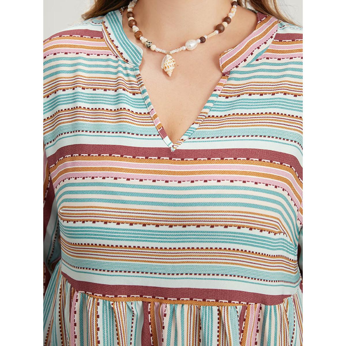 Plus Size Contrast Striped Notched Layered Hem Bell Sleeve Dress Multicolor Women Vacation Gathered Notched collar Long Sleeve Curvy Midi Dress BloomChic 28/5X Product Image