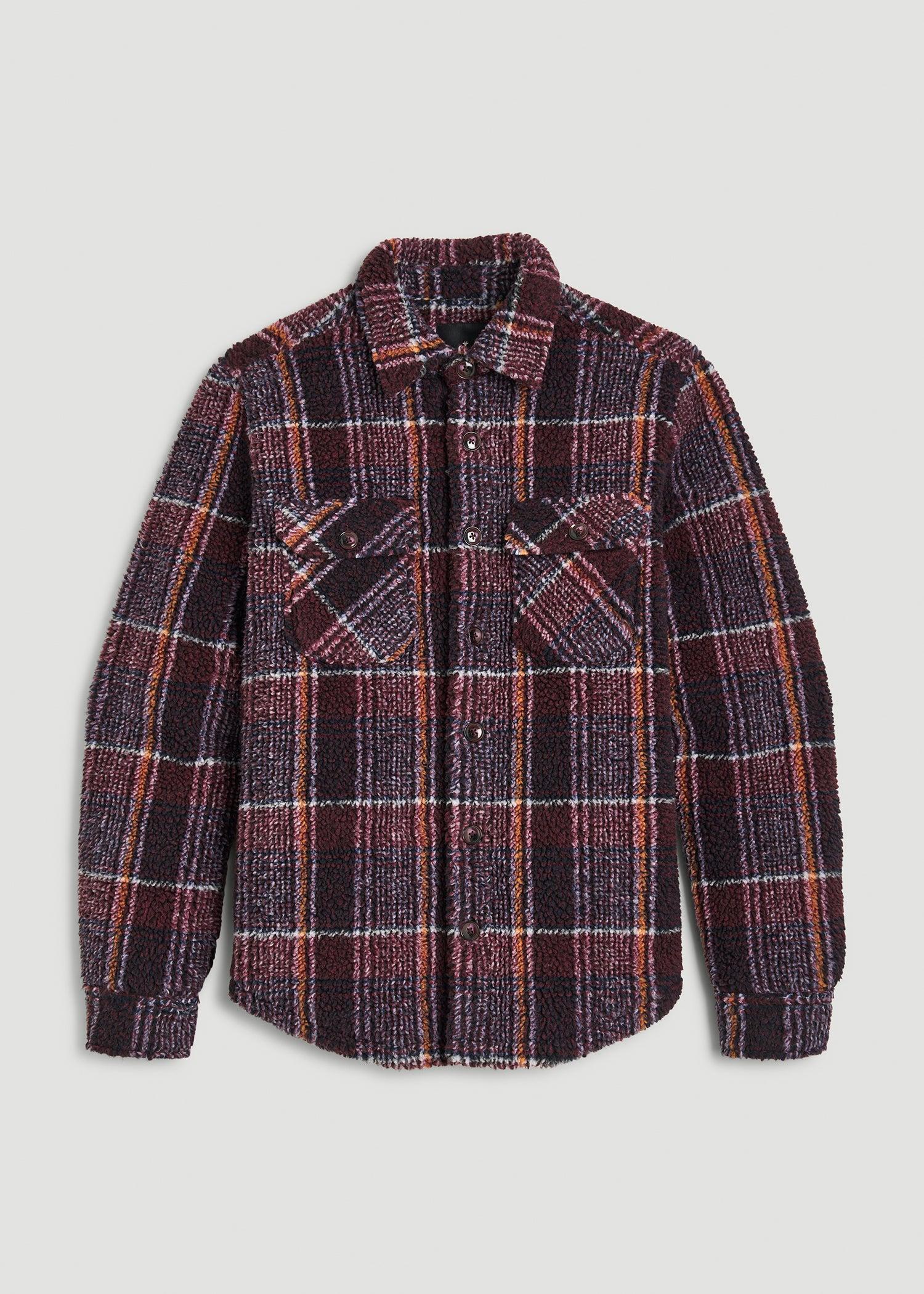 Sherpa Shirt Jacket for Tall Men in Burgundy and Navy Plaid Male Product Image