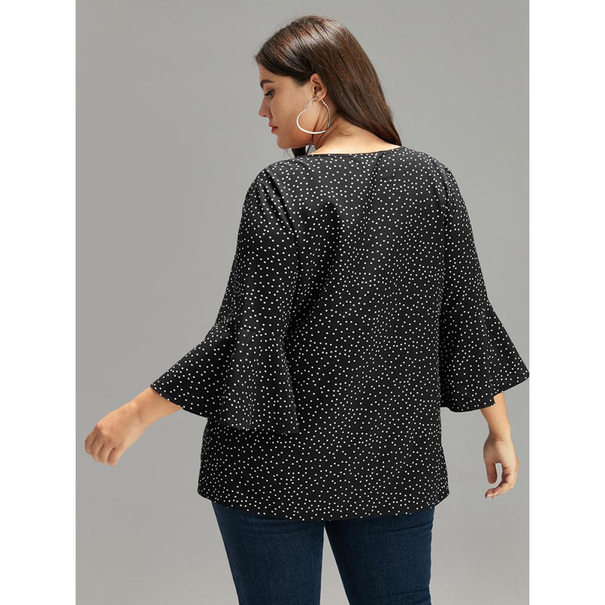 Plus Size Black Polka Dot Crochet Lace Button Detail Blouse Women Elegant Elbow-length sleeve V-neck Dailywear Blouses BloomChic 14-16/1X Product Image