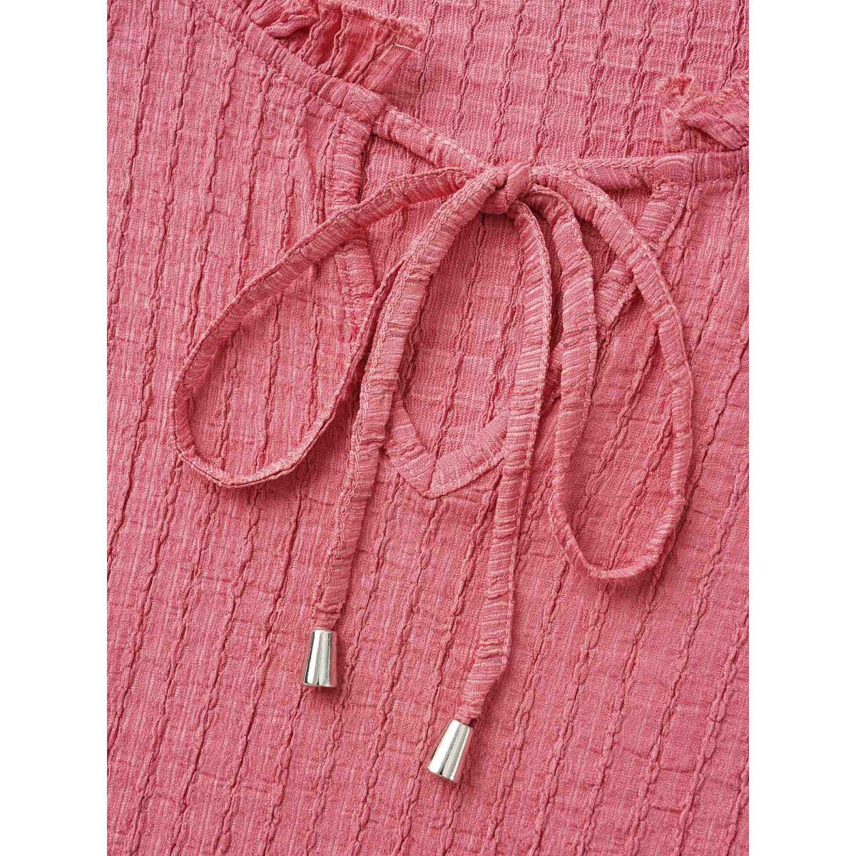 Plus Size Textured Tie Knot Lantern Sleeve T-shirt Beanpastepowder Women Casual Tie knot V-neck Everyday T-shirts BloomChic 12/L Product Image