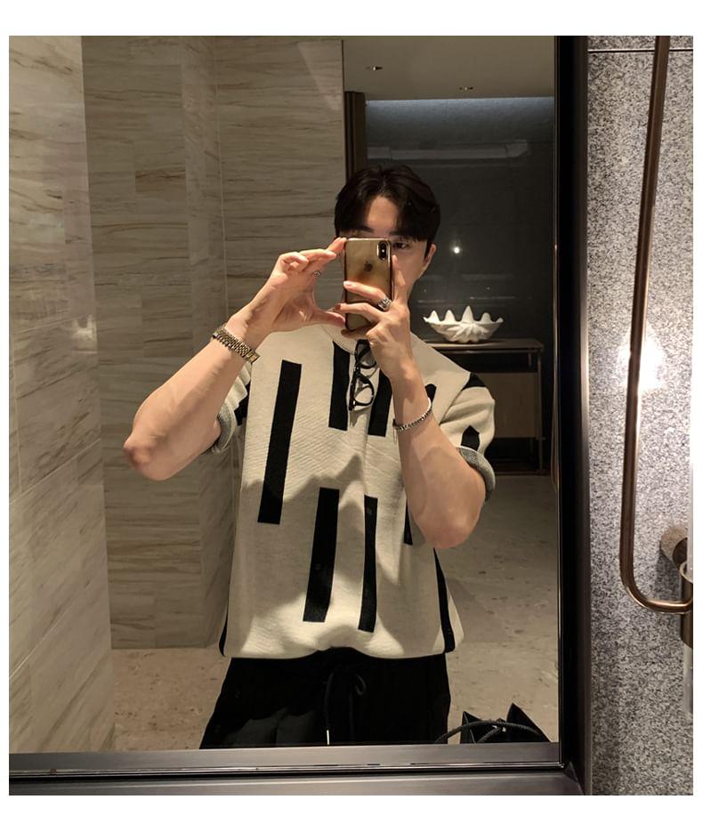 Short-Sleeve Crewneck Two Tone Knit Top Product Image