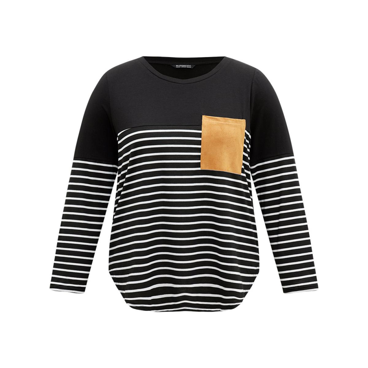 Plus Size Striped Contrast Patched Pocket Arc Hem T-shirt Black Women Casual Contrast Striped Round Neck Dailywear T-shirts BloomChic 22-24/3X Product Image