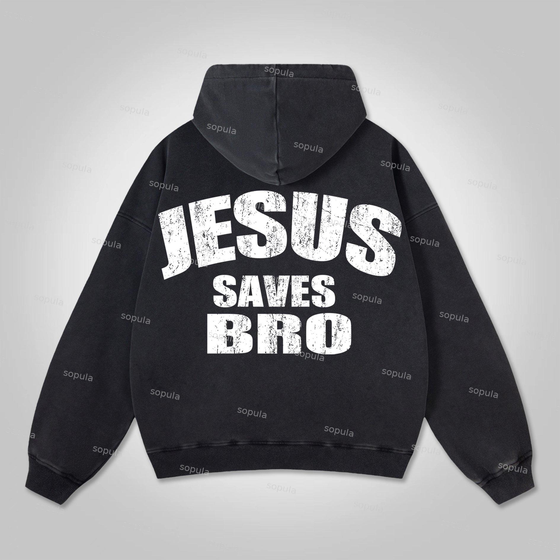 Sopula Vintage Jesus Saves Bro Print Washed Hoodie Product Image