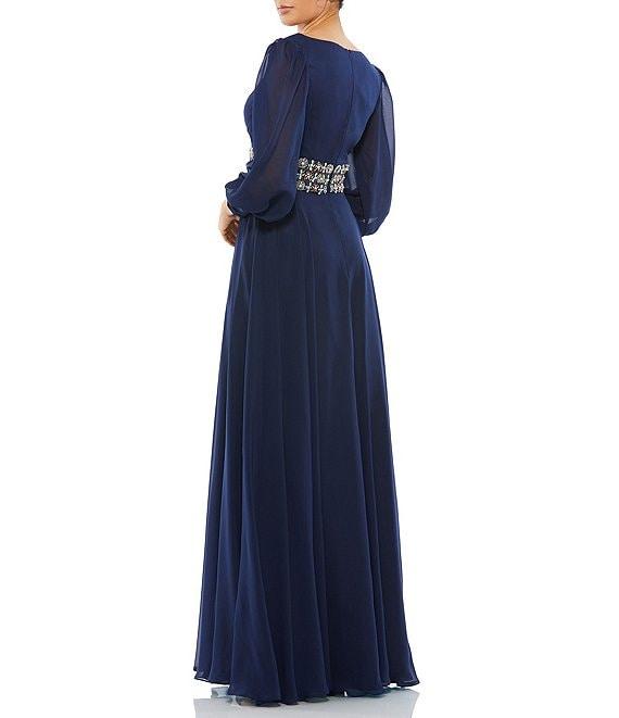 Mac Duggal V-Neck Long Sleeve Belted Gown Product Image