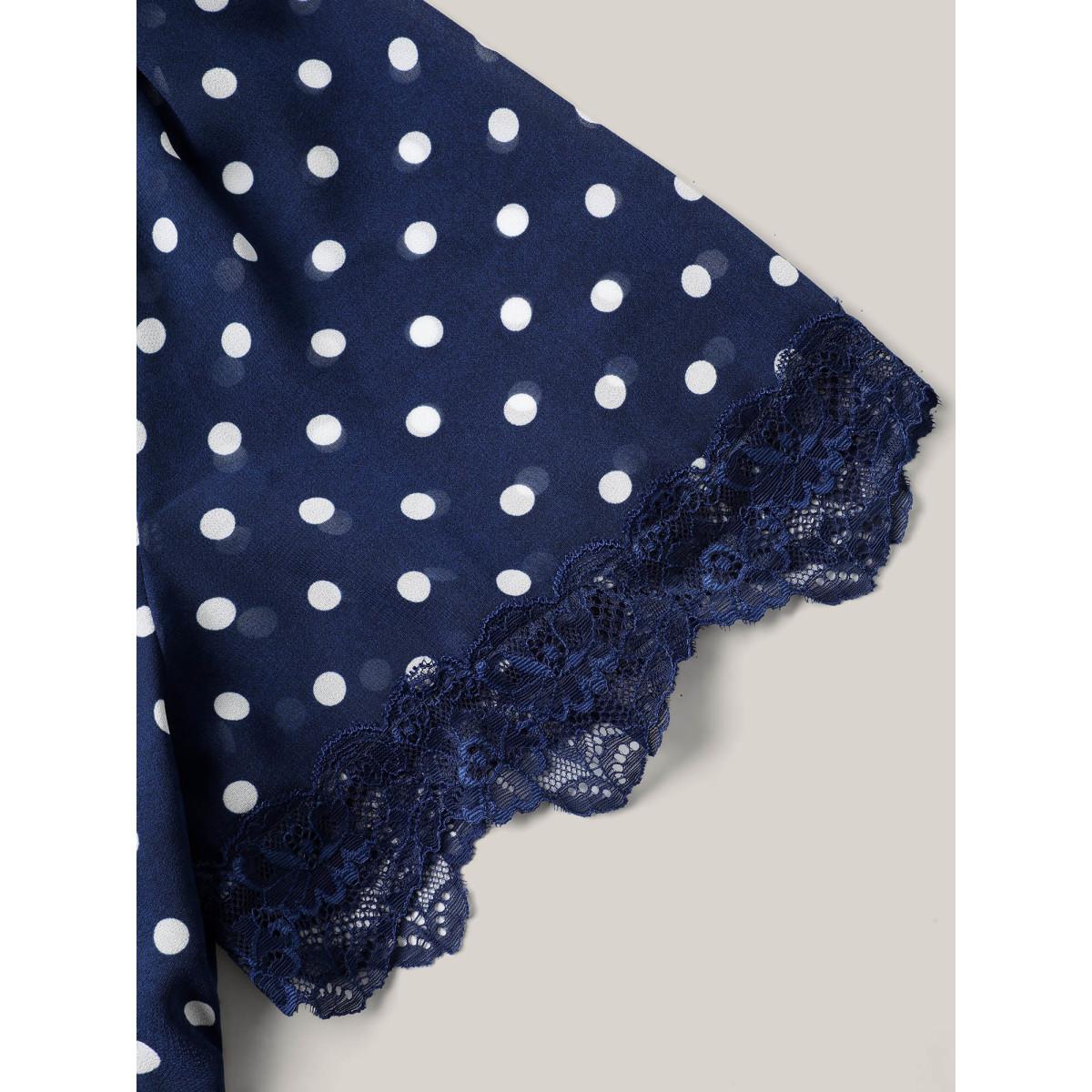 Plus Size Chiffon Polka Dot Print Pockets Midi Dress DarkBlue Women Elegant V-neck Short sleeve Curvy BloomChic 14-16/1X Product Image