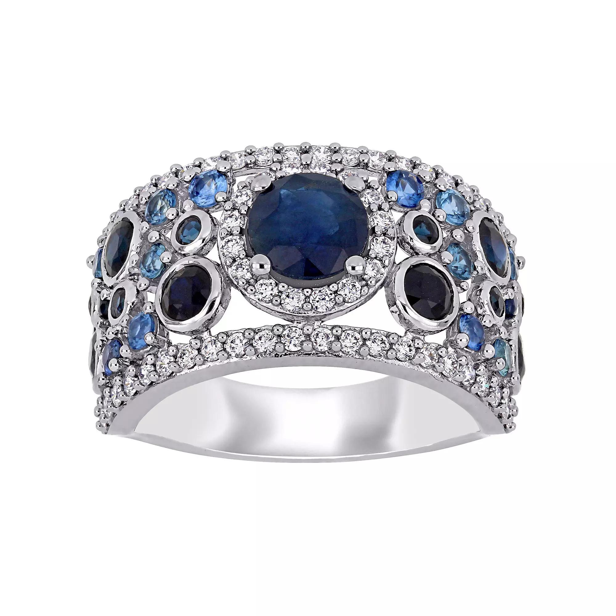 Stella Grace 14k White Gold Blue Sapphire & 1/2 Carat T.W. Diamond Halo Cluster Ring, Women's,  Product Image
